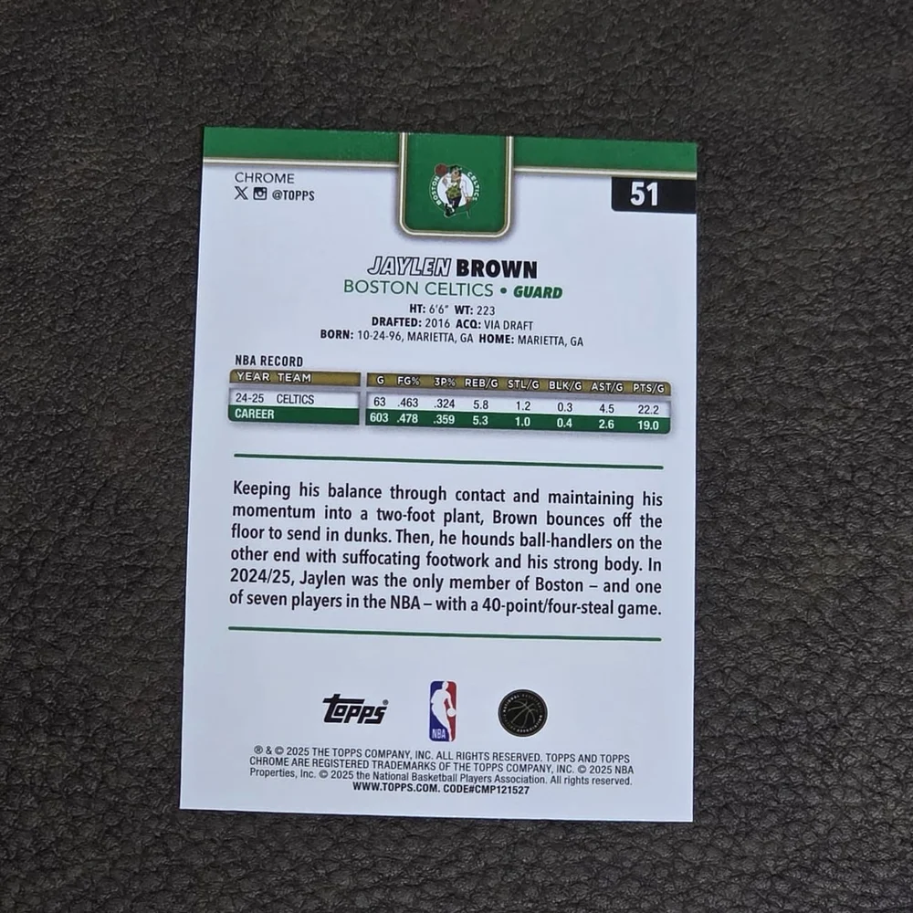 2025–26 Topps Chrome Jaylen Brown X-Fractor Refractor Celtics #51 NM
